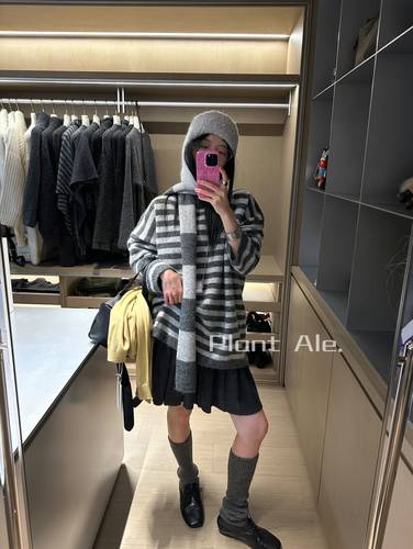 Plant Ale韩代条纹带围巾毛衣女秋冬新款宽松慵懒风针织衫上衣