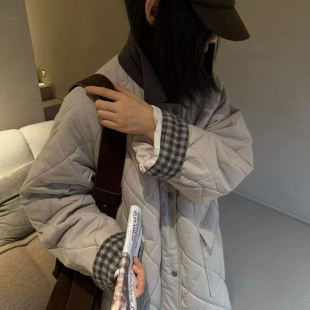 秋冬新款 月亮家棉服拼接显瘦领格子外套