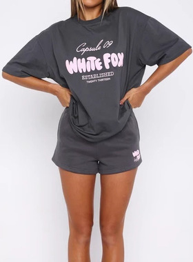 2025欧美whitefox短袖字母宽松印花t恤休闲运动两件套