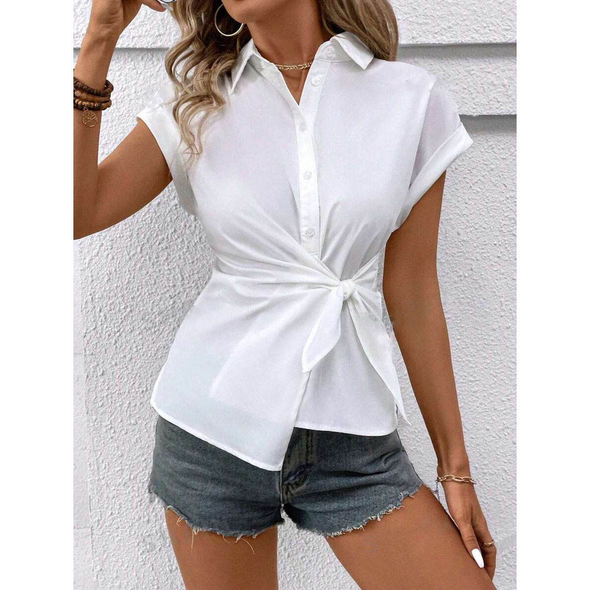 SHEIN Frenchy 女式季纯色蝙蝠翼短袖带腰钮结时尚衬衫