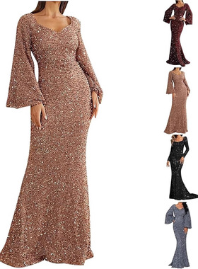 2026新品时尚V领包臀亮片欧美连衣裙中腰喇叭袖长款晚礼服