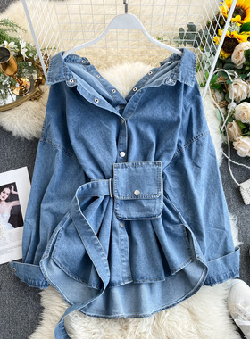 短袖女装设计系带收腰露背多穿包包牛仔衬衫休闲百搭