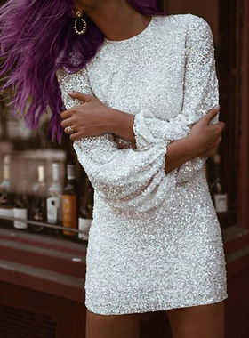 欧美女装2025气质时尚亮片灯笼袖圆领性感气质包臀连衣裙