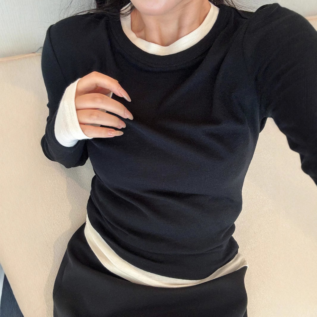 UC家~假两件内搭打底衫澳洲美利奴羊毛圆领拼接长袖T恤打底衫女