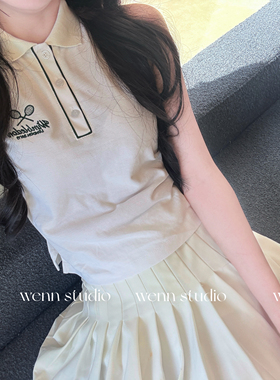 wenn studio 拉夫温网 复古绿网球刺绣运动风polo衫 百褶裙套装