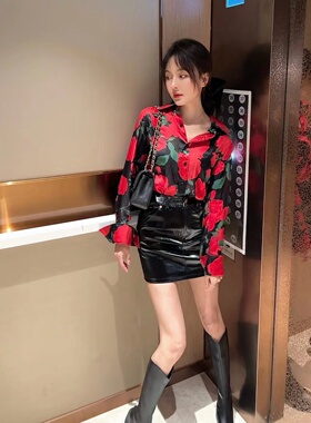 鞠婧祎同款 现货 御姐天菜 满印玫瑰 宽松印花衬衣