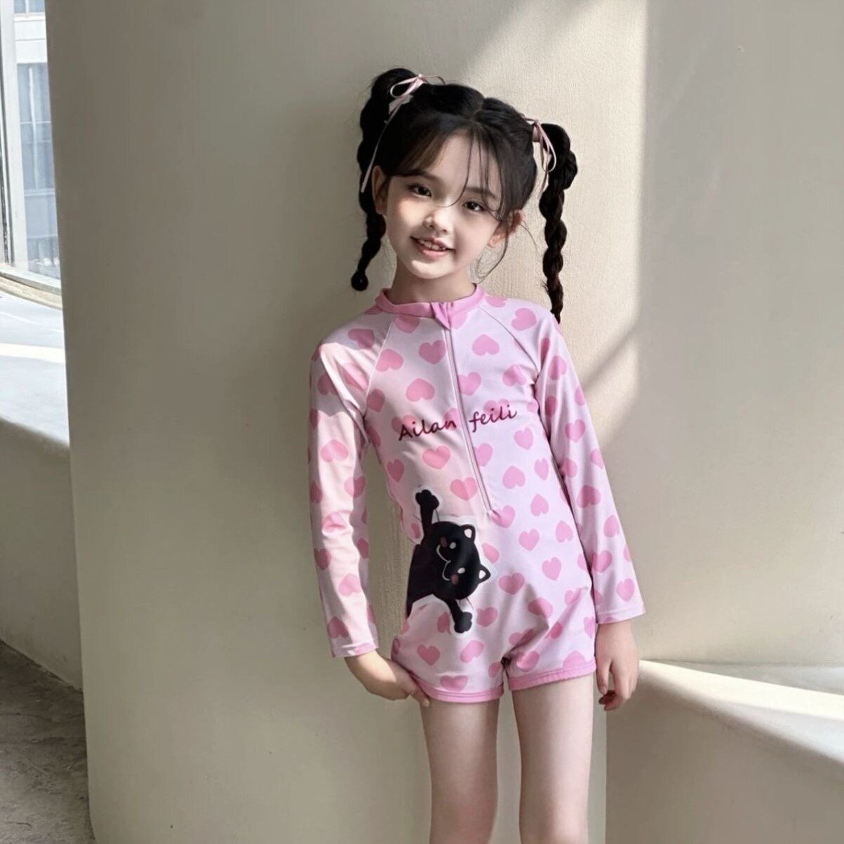 2026连体平角裙式新款公主宝宝长袖儿童防晒女童泳衣夏季泳装时尚