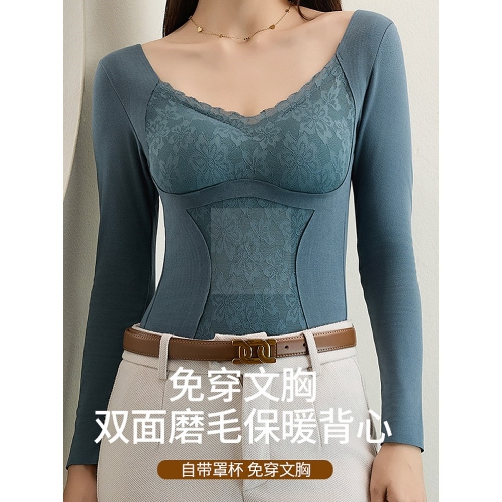 新款蕾丝德绒保暖女士上衣带胸垫加厚双面磨毛无痕打底衫高弹内衣