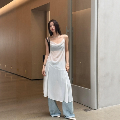 春夏摩登网纱荡领透视吊带长裙