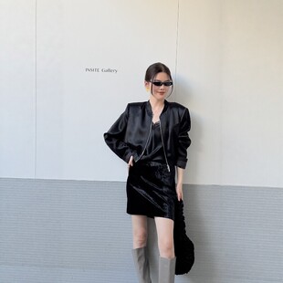 摩登mdeng197醋酸缎面短外套女2026秋季新圆领拉链夹克上衣 W9156