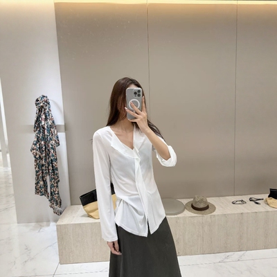 法式慵懒网纱V领长袖衬衫女夏薄