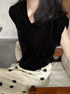 气质百搭上衣潮M8809 2024新款 摩登mdeng197丝绒垫肩无袖 T恤女春季