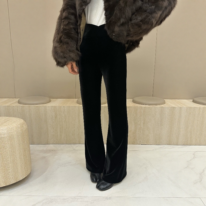 摩登197丝绒交叉宽腰休闲微喇裤