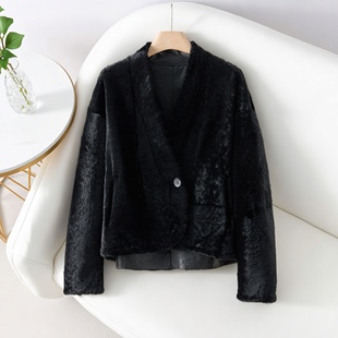 轻熟风V领皮毛一体外拉贡套女黑色整皮加厚保暖显瘦皮草双排百搭