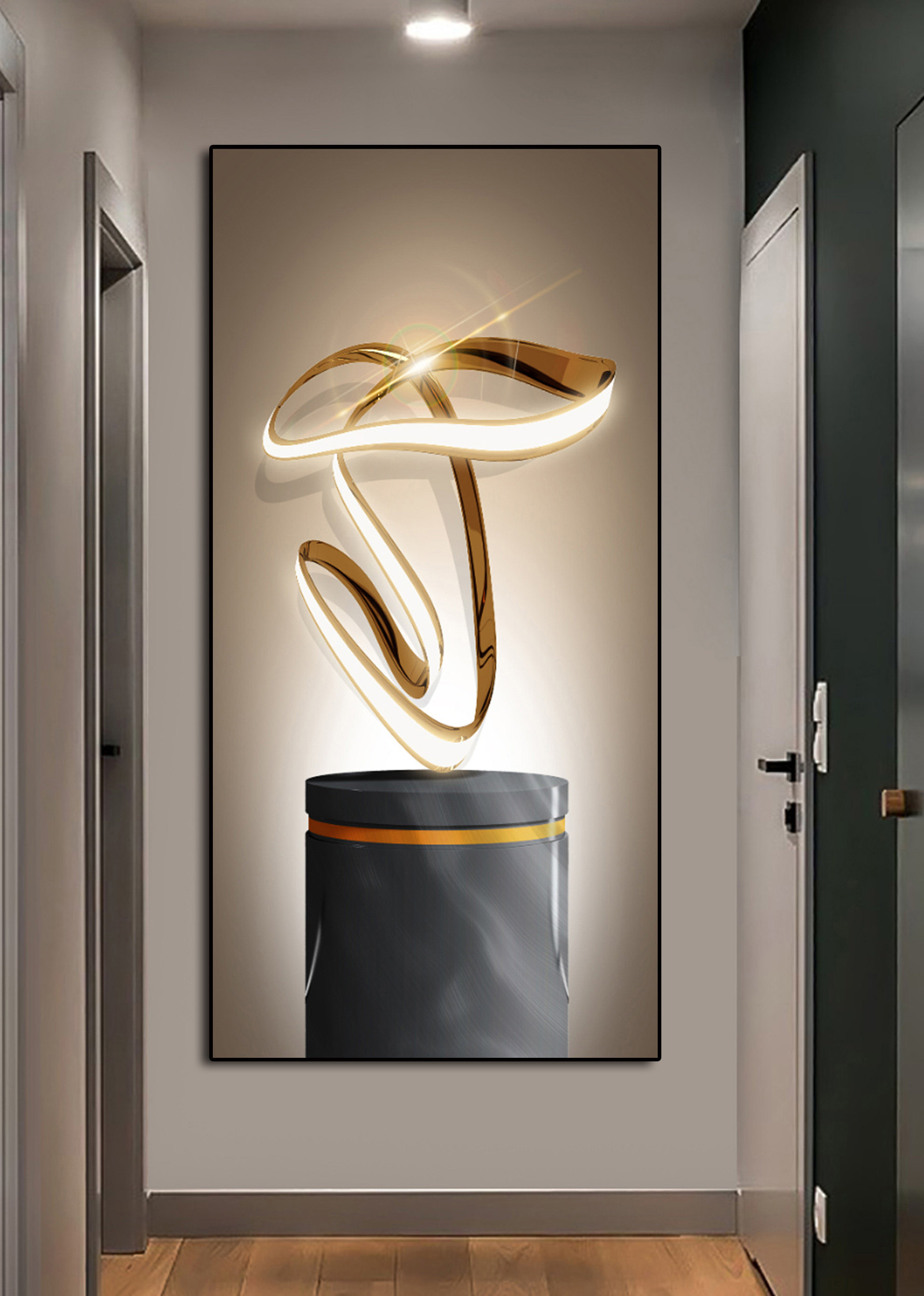 现代轻奢玄关装饰画竖长条抽象几何楼梯间挂画高级感壁画led灯画