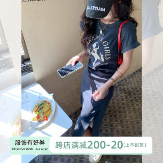 曾小咸连衣裙2024新款女韩系别致小众设计感印花包臀短袖t恤长裙