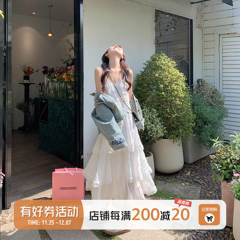 曾小咸白色吊带连衣裙女2023新款超好看海边度假风蓬蓬裙性感长裙