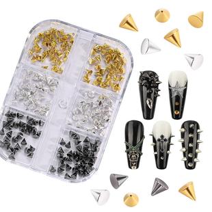 Six pieces of macaroni, gold and silver punks, metal clips,