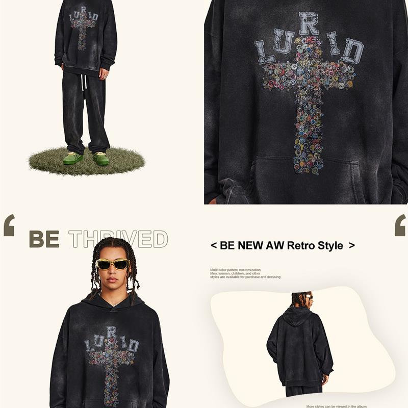 A man wearing 2024 Autumn street vintage shampoo and hooded