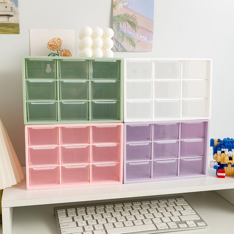 Nine-grid desktop organizer with transparent drawer-style co