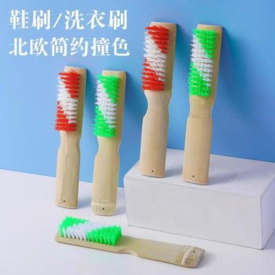 Natural Wooden Shoe Brush with Thickened Dual-Color Long Han
