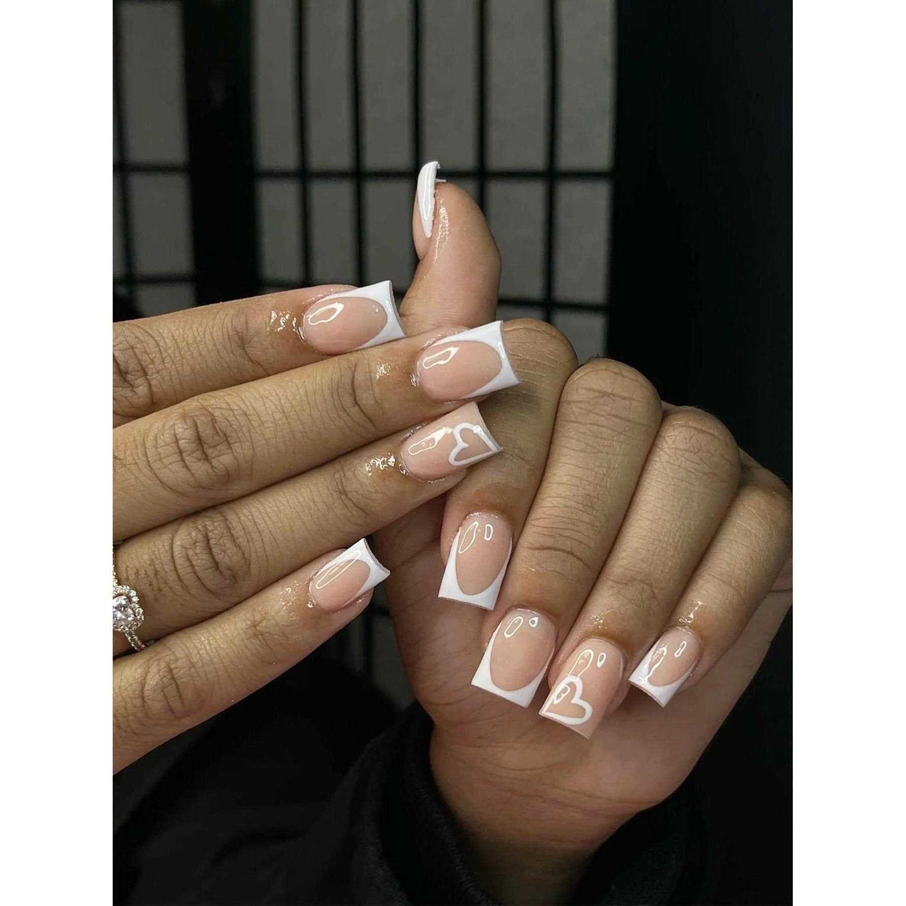 24 Pcs white Long Square French Press On Nails Love Design,