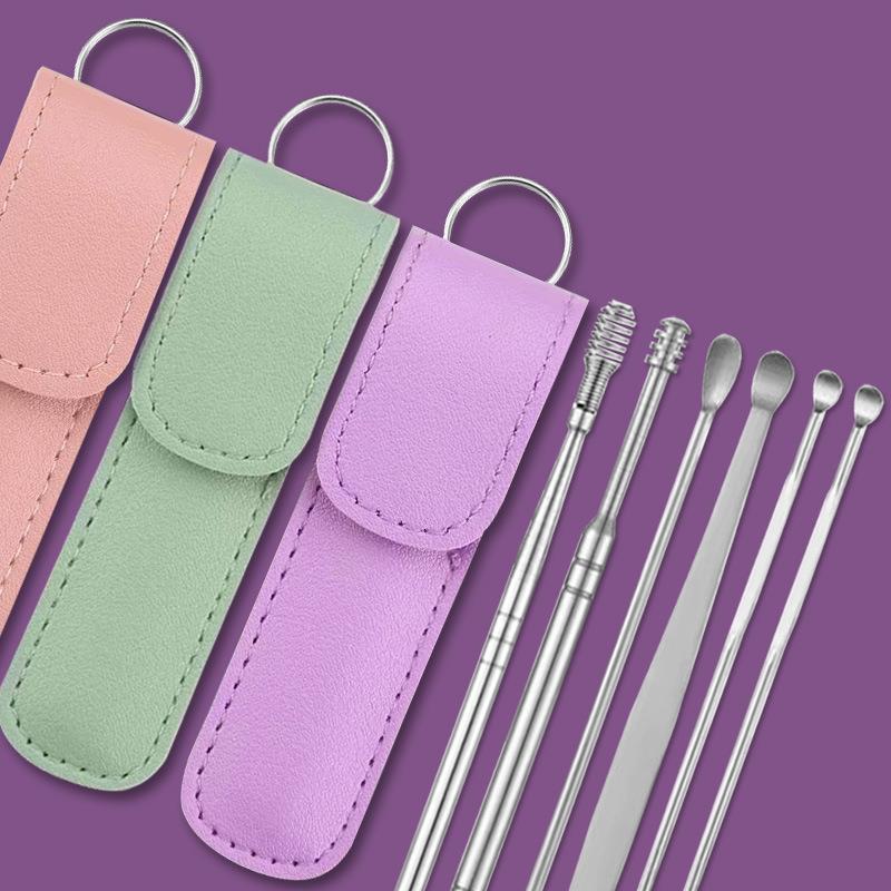 Ear Pick Leather Case 6-Piece Set Spiral Spring Ear Cleaner