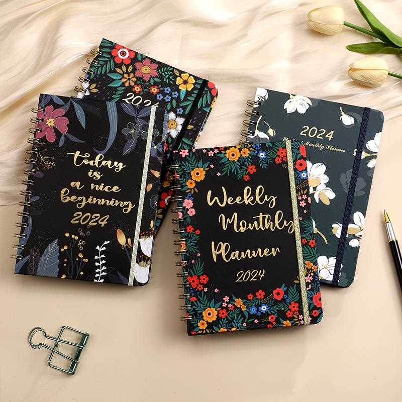 A5 2024 daily planner Notebook Spiral Flower English diary