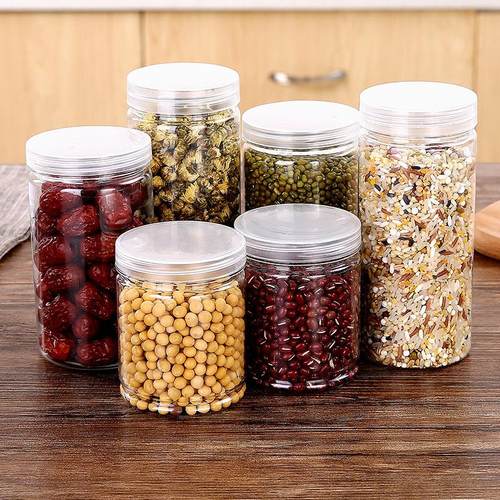 Clear Lid PET Airtight Jars, Empty Plastic Bottles, Food-Gra