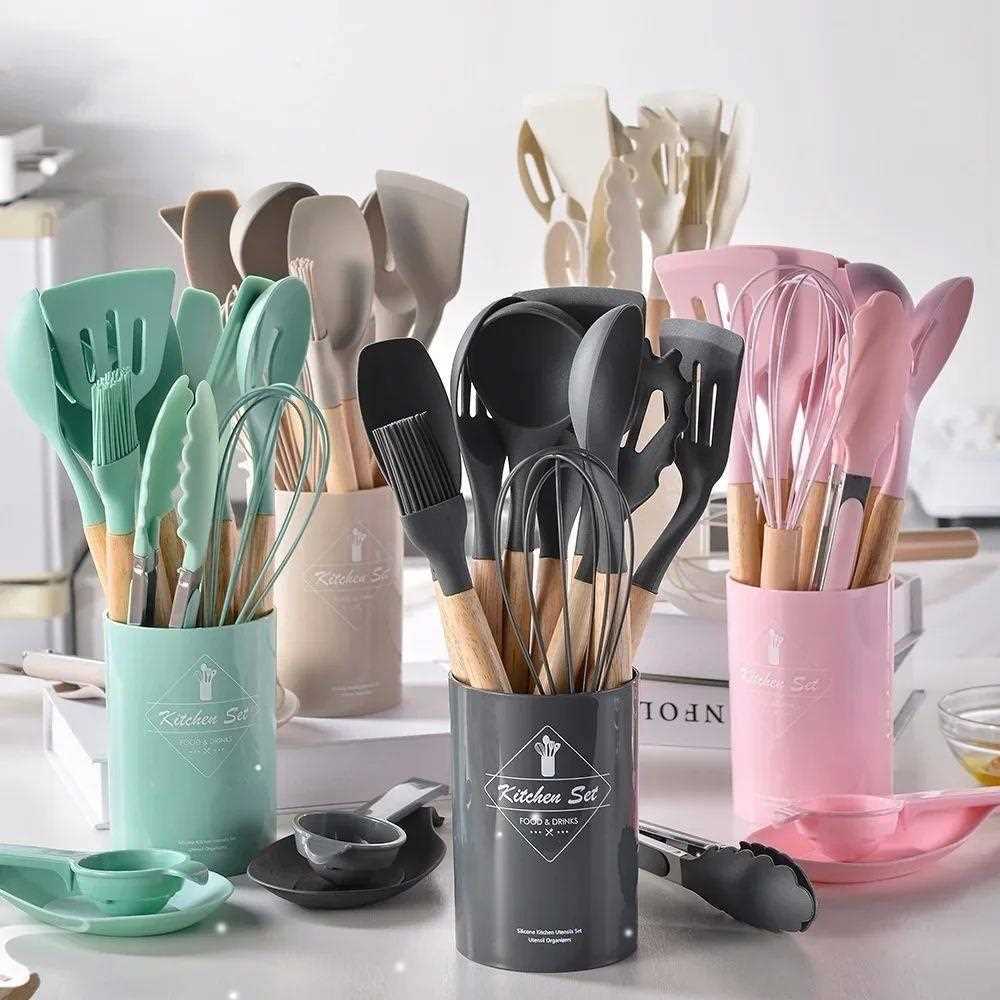 12Pcs Silicone Cooking Utensils Set Wooden Handle Kitchen Co