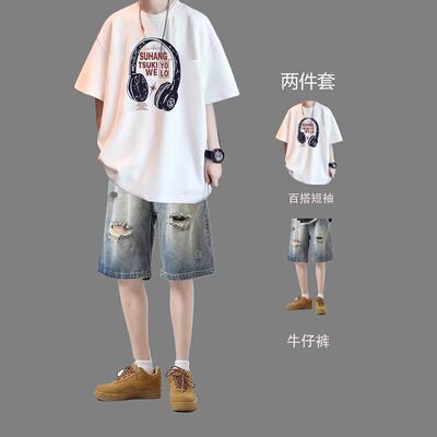 JUNMANNER美式潮牌纯棉短袖t恤男生套装夏季宽松休闲潮流男装一套