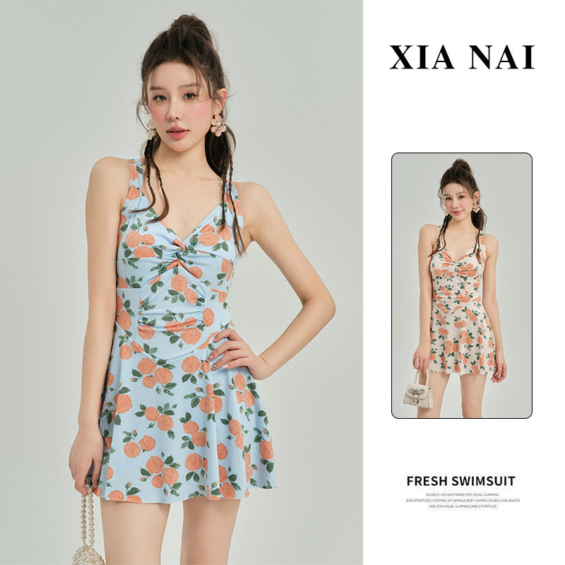 女夏碎花连体裙式遮肚显瘦泳衣