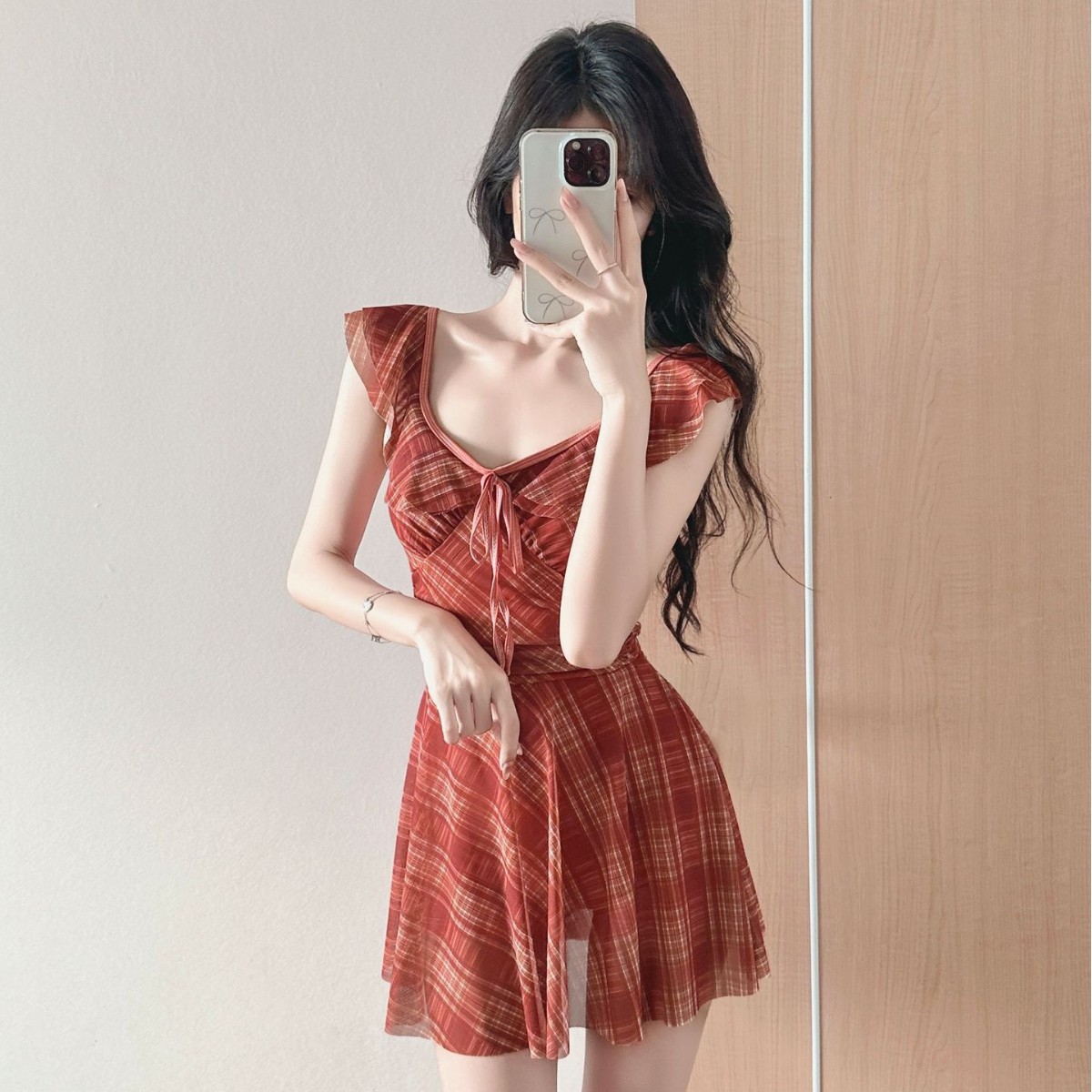 涤纶格子遮肚显瘦裙式连体泳衣女