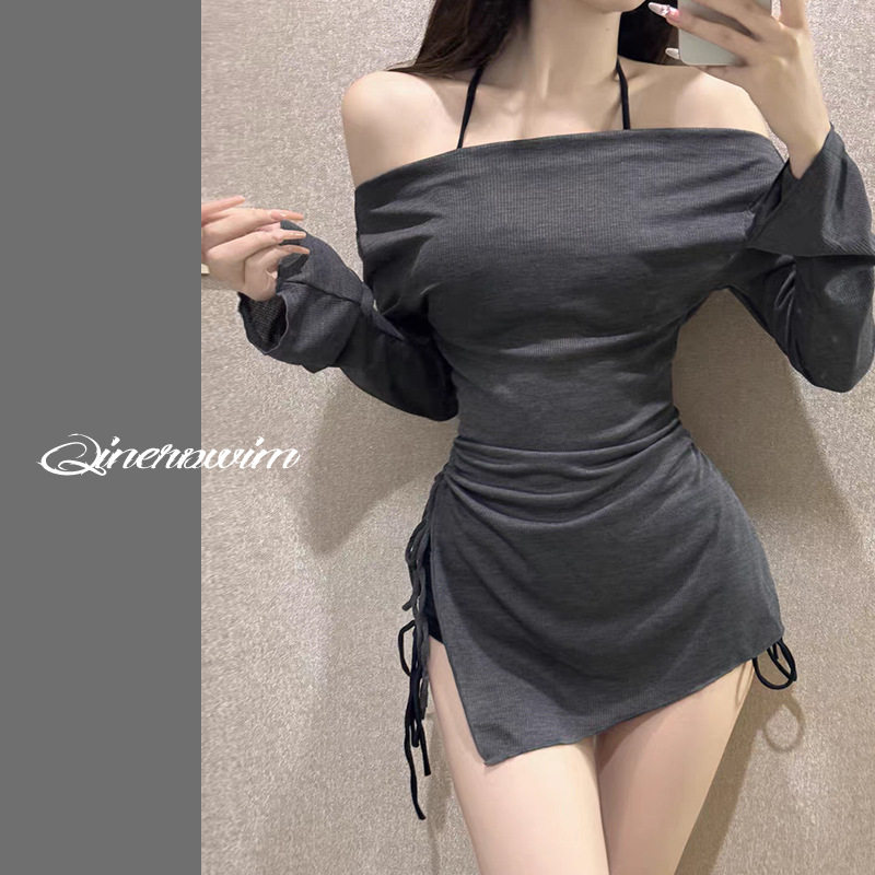 比基尼挂脖绑带三件套显瘦泳衣女