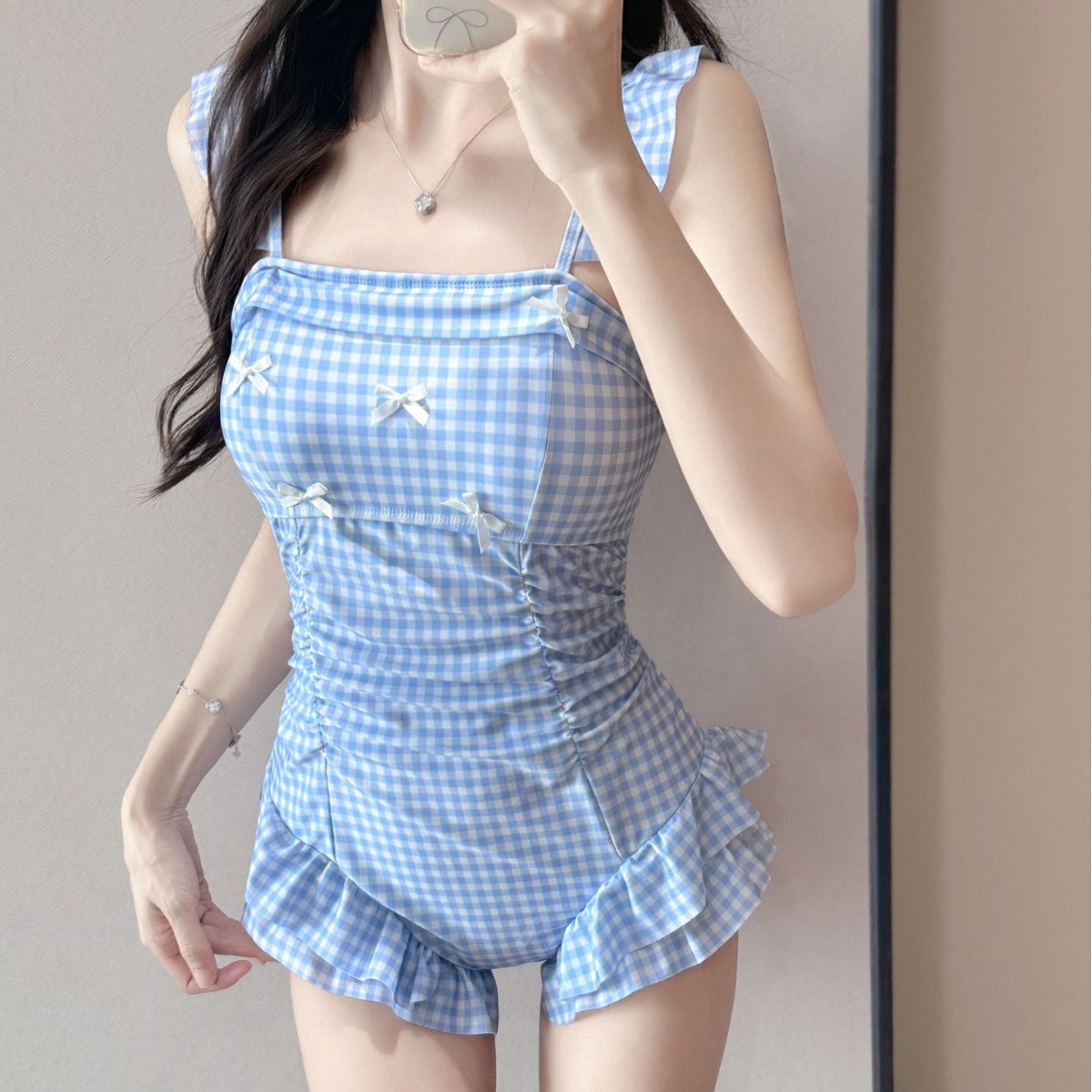 日系甜美少女荷叶边显白连体泳衣