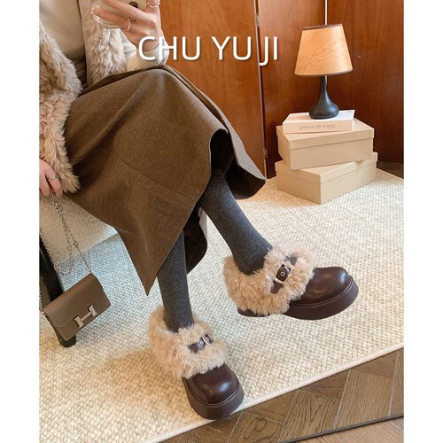 初遇季2025巨好看乐福鞋小个子厚底皮带扣英伦风小皮鞋加厚绒黑色
