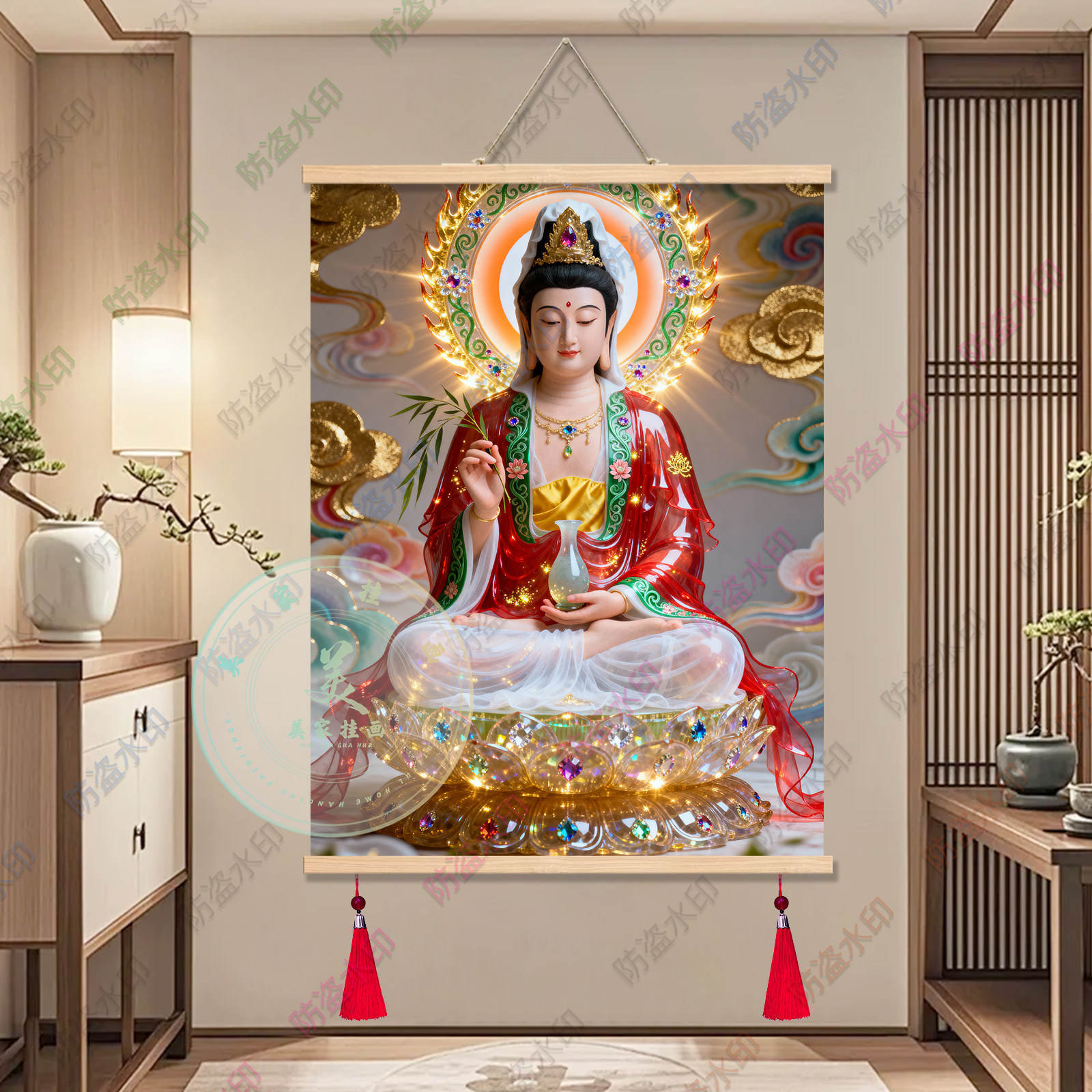 大慈大悲观音世音菩萨装饰画客厅卧室实木卷轴挂画中式壁画