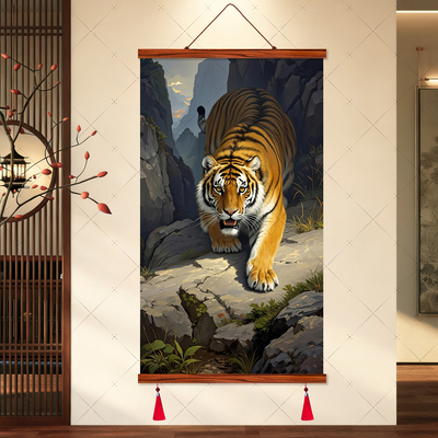 中式猛虎下山装饰画客厅办公室挂画无框油画布防水老虎壁画