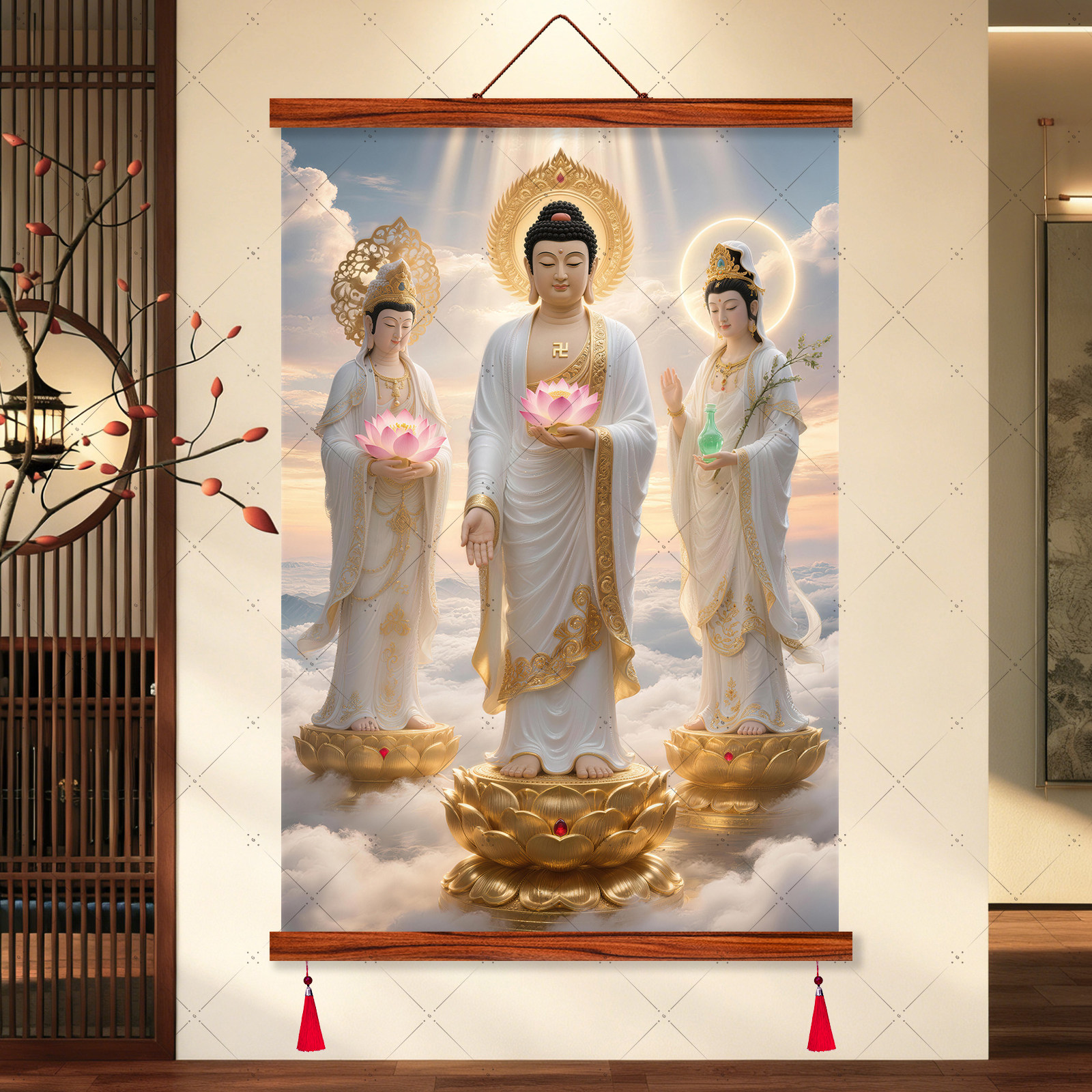 中式白衣西方三圣装饰画客厅卧室挂画红梨木质卷轴佛像壁画免打孔