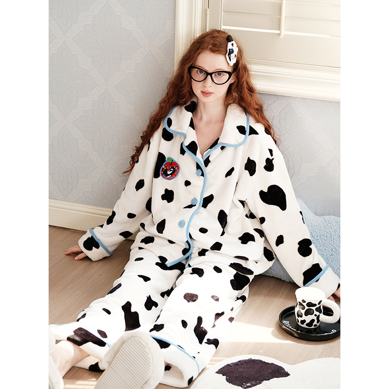明星同款RooMance汝曼司奶牛纹法兰绒睡衣女秋冬款情侣家居服套装