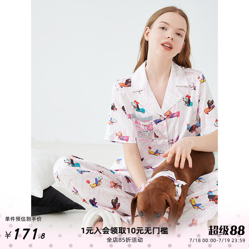 汝曼司女冰丝原创腊肠犬印花睡衣