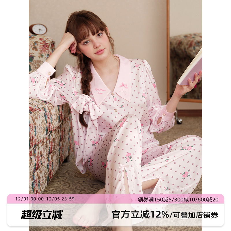 曼司法式波点玫瑰印花睡衣