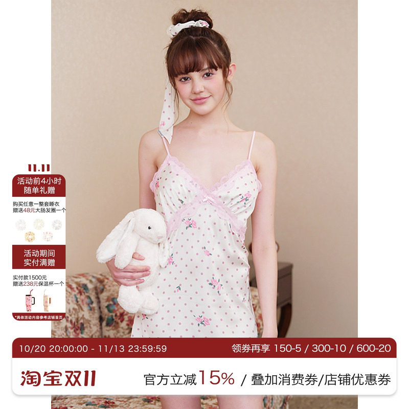 汝曼司原创波点玫瑰蕾丝睡裙