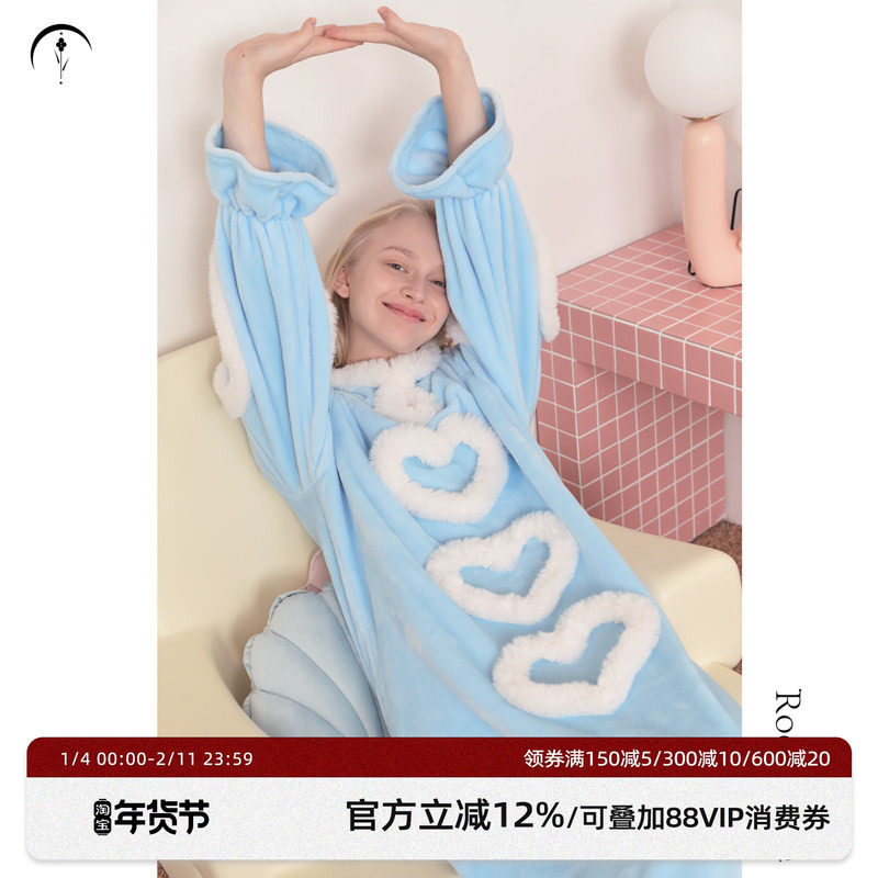Roomance汝曼司 原创法兰绒撞色毛绒爱心睡裙女冬季可外穿睡袍,女士内衣/男士内衣/家居服,睡袍/浴袍,淘宝优惠券,粉丝福利购,淘宝优惠卷