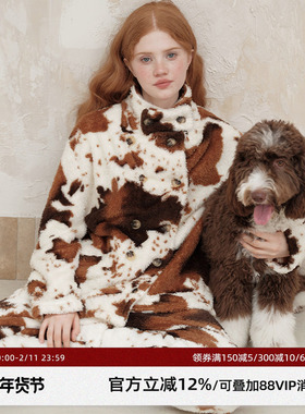 RooMance汝曼司咖棕奶牛纹加厚珊瑚绒睡衣男女冬季款可外穿家居服