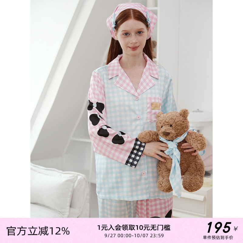 汝曼司女粉蓝甜格蝴蝶结印花睡衣