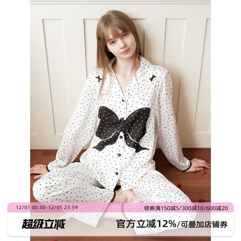 汝曼司女冰丝波点蝴蝶结蕾丝睡衣