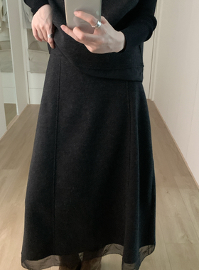 eternal.西子-羊绒半松紧下摆网纱拼接分割线内里加绒半身裙51726