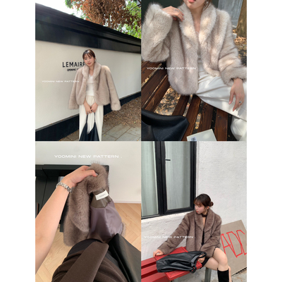 【YOOMINI】仿皮草长毛翻领皮毛一体外套短外套  M12044-DLW#8