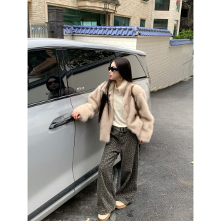 76586 仿皮草短外套 LHHH 复古立领双色层次宽松慵懒气质短款